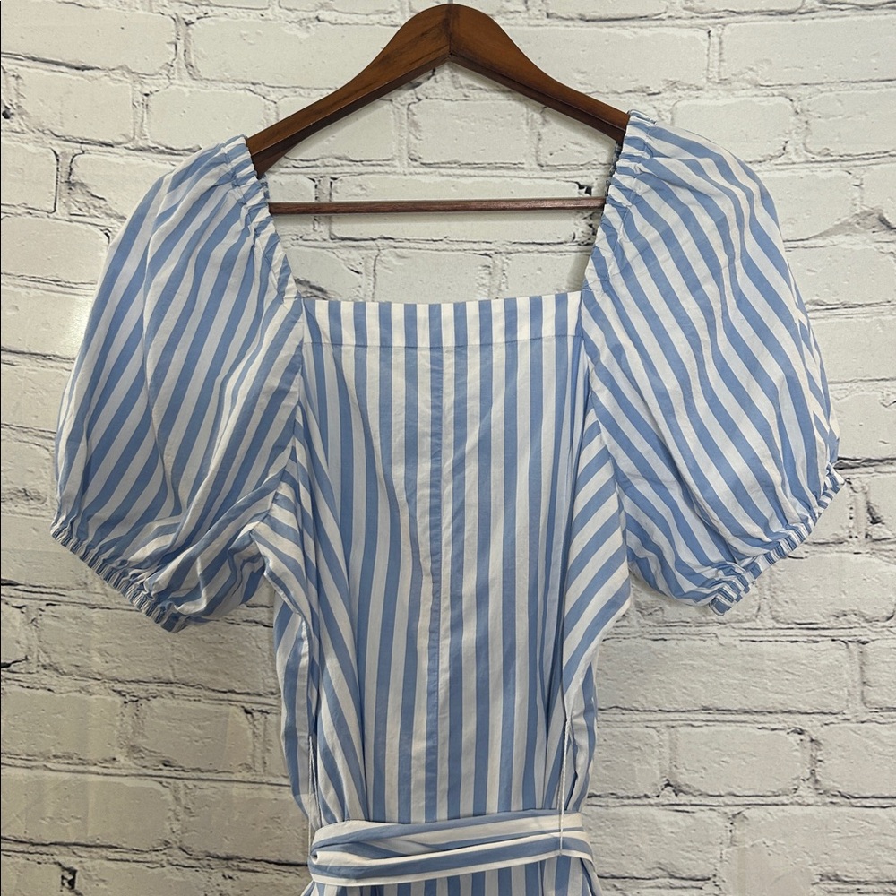 J.Crew Blue & White Striped Button-Front Midi Dress with Puff Sleeves Medium - Picture 8 of 11